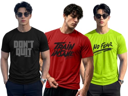 Image of LEOTUDE Mens Polycotton Boxy Regular Fit Printed Half Sleeve Round Neck Combo Dailywear & Gym Tshirts for Man (Colour: Multicolor)