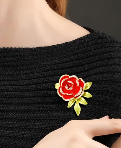 Image of Dainty Rose Flower Leaf Brooch Pin for Women Unisex Elegant Enamel Crystal 3D Floral Dainty Dress Accessories Birthday Holiday Jewelry Gift