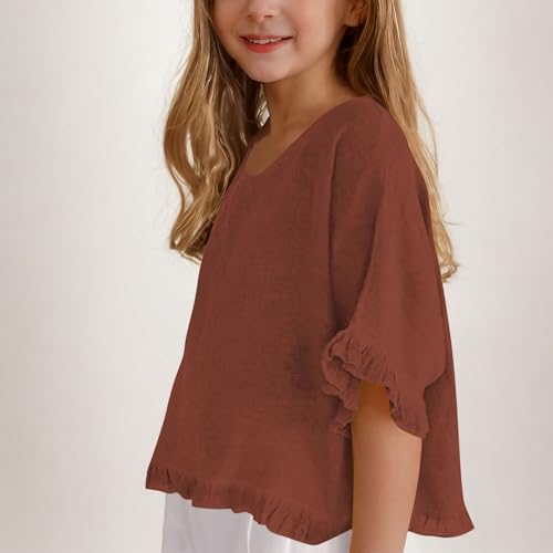 Girls Cotton Linen Cropped Tops Ruffle Elbow Sleeve Blouse Oversized T-Shirt Elegant Blouse Crewneck Tees Cute T-Shirt3
