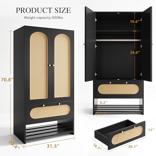 DWVO Rattan Armoire Wardrobe Closet - 70" Tall Rattan Armoire Closet with Doors, Large Storage Cabinet with Drawers & Hanging Rod/Bedroom Armoire - Black