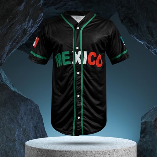Fury Camiseta de beisebol do México, camiseta de beisebol preta do México com botões bandeira mexica