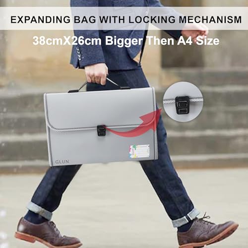 Image of GLUN Expanding File Folder A4 Size, 13 Pockets with Handle & Buckle Lock, Portable Document Storage Organiser for Office Use (Grey)