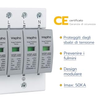 WSPIHO Protezione contro le sovratensioni a 4 poli 275V, Scaricatore di sovratensione Tipo 1+Tipo 2, 20-50KA Dispositivo di protezione contro le sovratensioni per la protezione dai fulmini