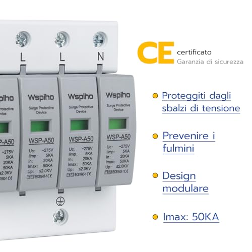 WSPIHO 4-Polig 275V Überspannungsschutz,Überspannungsableiter Typ 1+Typ 2,20-50KA Überspannungsschutzgerät für den Blitzschutz