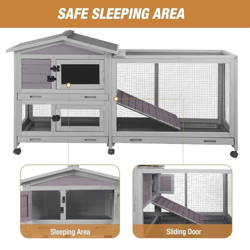 Bunny Cage Indoor and Outdoor Rabbit Hutch with Casters Waterproof Roof, Pull Out Tray from Back and Front 61.2" L x 22.6" W x 33.5" H - Image 5