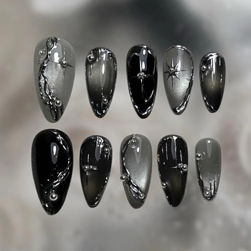 BABALAL Press On Nails Medium Almond, Black Cat Eye Fake Nails, Silver Chrome Gothic, Y2k Star, 24Pcs Acrylic  Nails