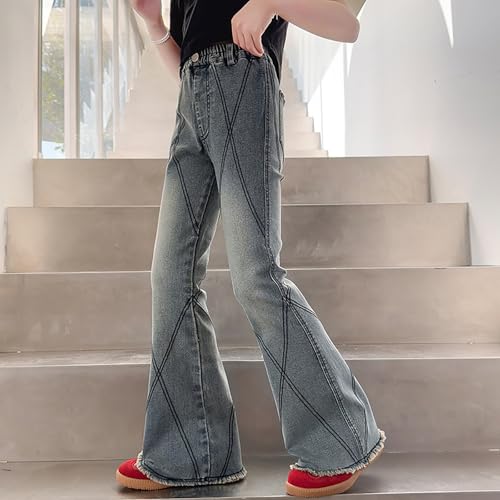Teen Girls Retro Flare Jeans Ripped Bell Bottom High Waist Denim Long Pants Kids Striped Cute Straight Baggy Trousers2