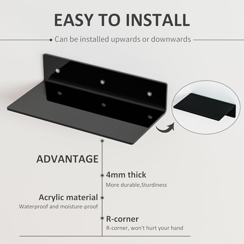 Image of 12 Inches Black Wall Shelves Set of 4, Acrylic Floating Shelf for Wall, Wall Mounted Display Shelf for Bedroom, Living Room, Funko Pop Shelves, Smart Speaker, 4 Pack