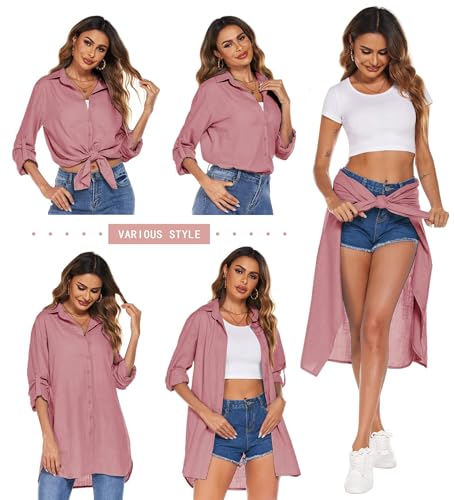 Image of HOTOUCH Women Boyfriend Shirts Button Down Long Sleeve Blouse Cuffed Sleeve Collared Shirt