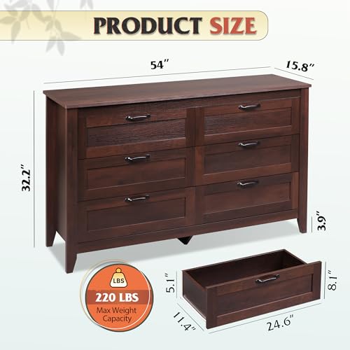 WLIVE-6-Drawer-Dresser-Retro-Chest-of-Drawers-with-Metal-Handle-Double-Wood-Dresser-for-Bedroom-Living-Room-Large-Storage-Cabinet-Brown WLIVE 6 Drawer Dresser Retro Chest of Drawers with Metal Handle Double Wood Dresser for Bedroom Living Room Large Storage Cabinet Brown