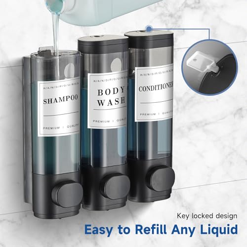 Cabo Deseado UN-003 Shampoo And Conditioner Dispenser,Shower Soap Dispenser 3 Chamber No Drill Wall-Mounted Shampoo Dispenser For Shower Wall Mounted Shower Dispenser For Bathroom Hotel Large Capacity,Black thumb #4