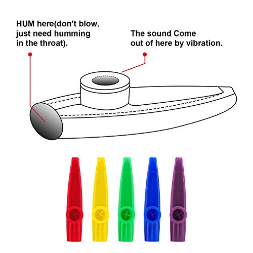 Blulu 10 Stücke Kunststoff Kazoo Musik Instrumente mit Kazoo Flöte Membranen für Geschenk, Preis und Party Favors (5 Farben)