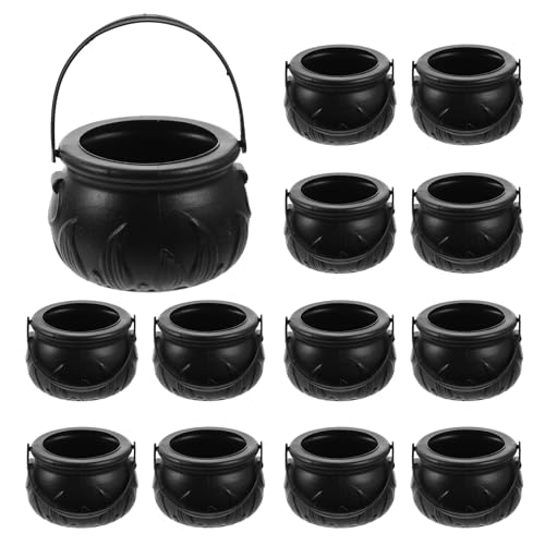 DECHOUS Small Witch Cauldron 12Pcs Black Cauldron Halloween Witch Decor Plastic Cauldron Kettles 2.8in Candy Cauldron Pot