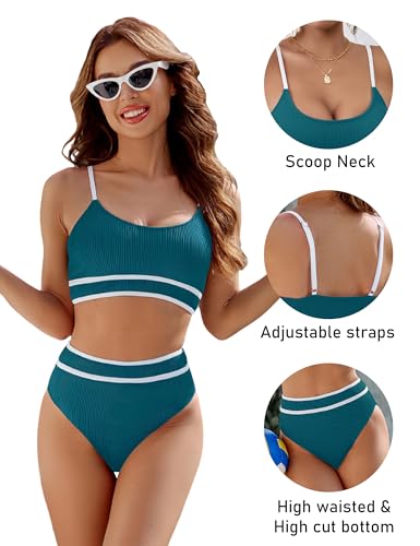 Image of BMJL Women's High Waisted Bikini Ribbed Two Piece Swimsuit High Cut Color Block Adjustable Straps Bathing Suit