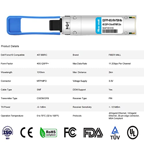 Image of Fiber Mall 40G QSFP+ PLRL4 Optical Transceiver Module, for Dell QSFP-40G-PIR4 Compatible, 40GBASE-PLRL4 QSFP+ 1310nm 2km DOM MTP /MPO SMF