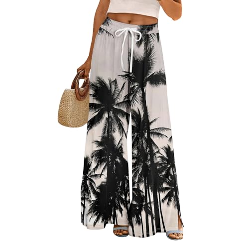 Boho Palazzo Pants for Women 2025 Summer High Waist Wide Leg Floral Print Casual Trousers with Pockets