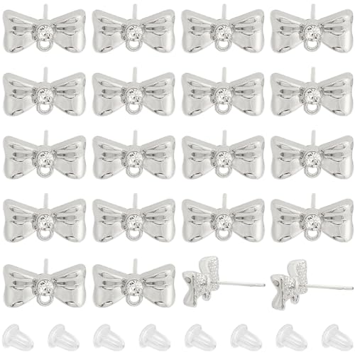 SUNNYCLUE 1 Box 20 Sets 925 Sterling Earring Studs with Loop Earring Posts Findings Silver Rhinestone Bowknot Ear Post Stud with Hole Bulk for Jewelry Making Accessories DIY Crafts Supply