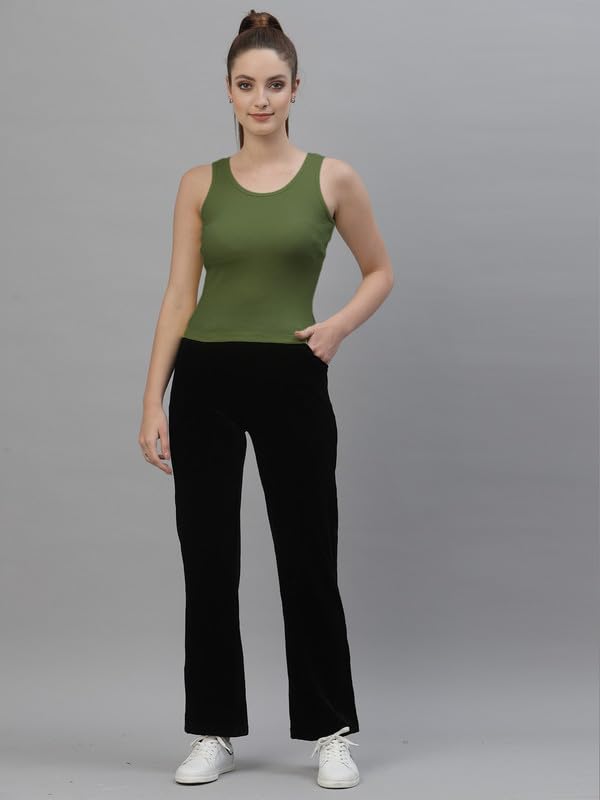 Friskers Women’s Olive Green Ribbed Cotton Tank Top | Slim Fit Sleeveless Crop Top for Women | Casual Gym/Yoga | Soft Stretchable Fabric 3