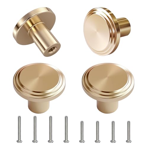 MOXYOY 4 Pcs Round Cabinet Knobs,25mm Round Dresser Drawer Knobs,Gold Brass Drawer Knob,Single Hole Cupboard Door Handles,Door Knob and Handles,for Home Decorating, Cupboard, Wardrobe