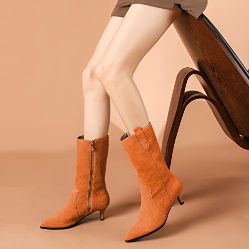 FSJ Women Fashion Suede Pointed Toe Kitten Low Heel Mid Calf Boots Side Zipper Casual Dress Walking Ladies Shoes Size 4-15 US4