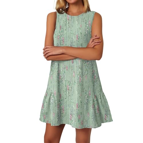 CHRATLHI Flowy Dresses for Women,Prime+Sales+Day+Deals+Today+2025 Casual Floral Ruffle Tank Dress Summer Boho Sundresses A-Line Sleeveless Hawaiian Mini Dress Beach Vacation Clothes Light Green XL