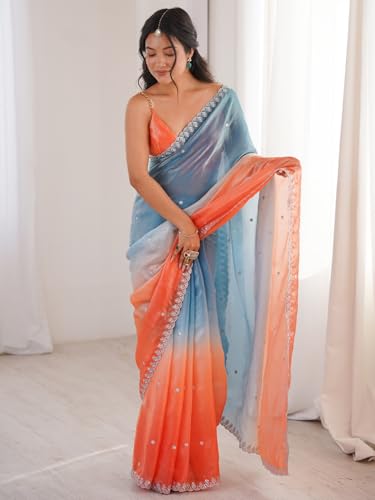 Image of AKHILAM Women's Shimmer Satin Sequence Embroidery Saree With Unstitched Blouse Piece(AARYAN21701 KR Parent)