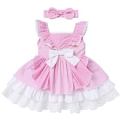 Baby Girl Tutu Dress Toddler Plaid Outfit Striped Gingham Ruffle Princess Birthday Party Dress Bowknot Sundress +Bow Headband4