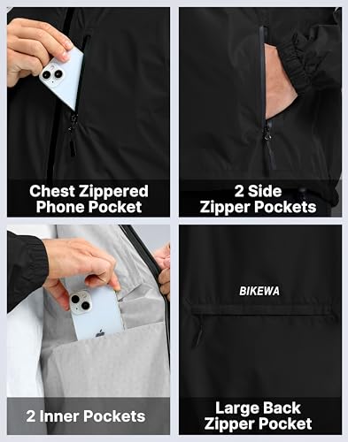 Image of Bikewa Men's Cycling Rain Jackets Waterproof Running Bike Windbreaker Lightweight Packable Hooded Jacket