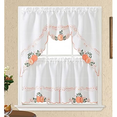 GOHD Sweet Harvest. 3pcs Kitchen Cafe Curtain Set. Nice Embroidery Fruit Design with Cutworks. (Swag and 24 inches Tiers Set, Orange Orange) Cover