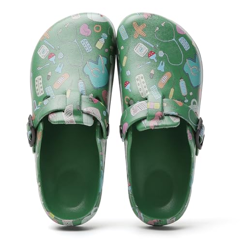 Image of Eliogn Women's Garden Clogs with Print, Waterproof Slip Resistant Work Clogs, Lightweight EVA Slip-On Mules, Cushioned Comfortable Shoes for Nurse, Chef, Kitchen, Beach