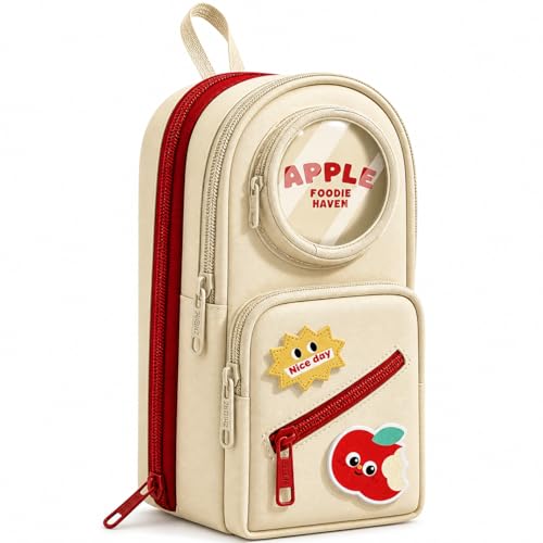 Image of WORSHIPER Cute Backpack Style Pencil Case with Visible Display Window, Multi-Layer Large Capacity Stationery Organizer for Kids & Students (Apple Foodie-CREEM Pouch)