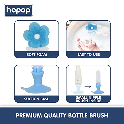 Image of Hopop Bottle Cleaner Brush | Baby Feeding Bottle Cleaning Brush & Nipple Cleaner Brush | Soft Foam Head with Durable Bristles | Easy to Clean Feeding /Water Bottle Corners | BPA Free | Blue