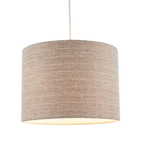 Unique Aztec Designed Drum Lamp Shade in Dark Taupe and White Linen Fabric | 18cm x 25cm | Inner White Cotton Lining by Happy Homewares - Image 3