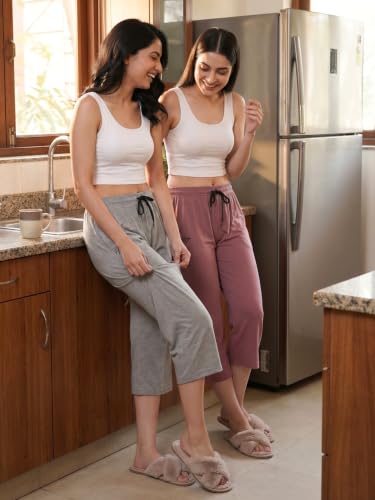 Image of Fflirtygo Women's Cotton Plain Calf Length Capri | Nightwear Short Pyjama | 3 /4th Solid Pyjama Pant | Regular Fit Casual & Lounge Wear Capri Combo (Pack of 2)