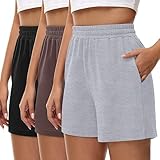 Locoowai 3 Pcs Women's Sweat Shorts, High Waisted Drawstring Athletic Shorts with Pockets Casual Comfy Running Shorts (Black, Brown, Light Gray,Medium)