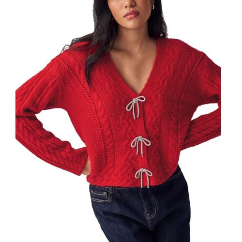 Image of Women Y2K Solid Color Knit Cardigan Long Sleeve V Neck Bow Button Open Front Sweater Top Vintage Going Out Knitwear