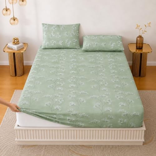 Image of Jaipur Weaves Queen Size Fitted Bedsheet Cotton with Elastic, 100% Pure Cotton Double Bed Fitted Sheet with 2 Pillow Covers, 240 TC,60x78 Inches up to 8-inch Mattress,Floral Design(Green)