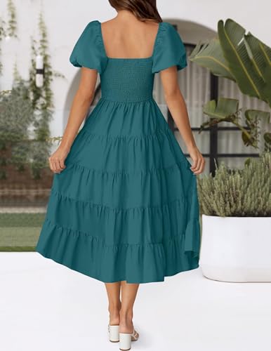 Image of ZESICA Women's 2026 Summer Puff Sleeve Midi Dress 2026 Boho Solid High Waist Flowy Beach Wedding Guest Long Dresses