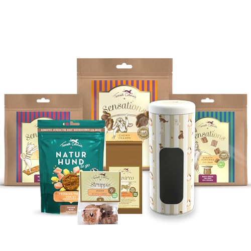 Terra Canis Kennenlernpaket - Snacks, 1x200g Hühnermägen, 2x90g Sensations Snack, 1x50g Trekking Treats, 1x10g Struppis, 1x50g Canireo | inkl. Leckerlidose | 100% Lebensmittelqualität Aller Rohstoffe