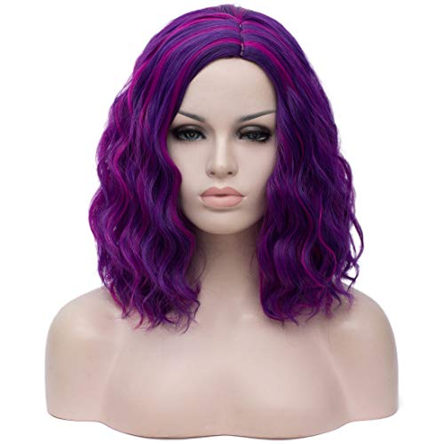 BUFASHION 14" Women Short Wavy Curly Wig For Cosplay Halloween Synthetic Wigs Purple with Red Bob Wigs For Women (Purple with Red)