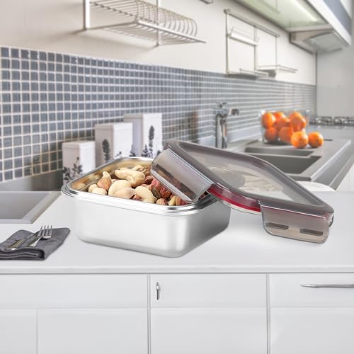 Image of MILTON Modulo Steel Square Container with lock lid, Set of 4 (400,800,1440 & 2400 ml)|Airtight & Leakproof|Microwave & Oven safe| Light Weight | School, Office or Picnic use, Silver