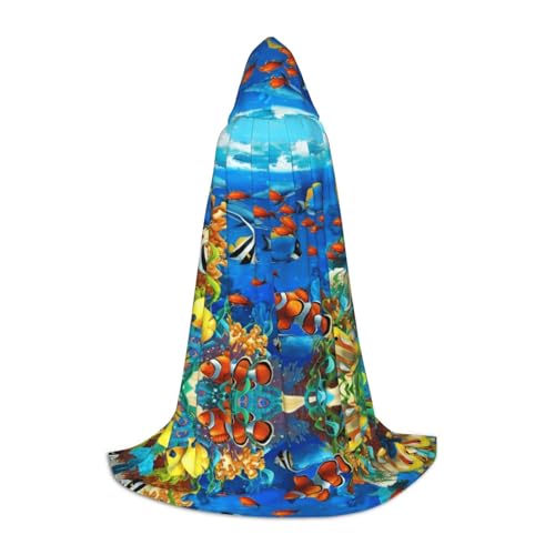 PHAYAH Peignoir à capuche pour adulte, motif monde sous-marin océan, poisson tropical, corail et corail, déguisement de costumade pour femme, homme, taille L