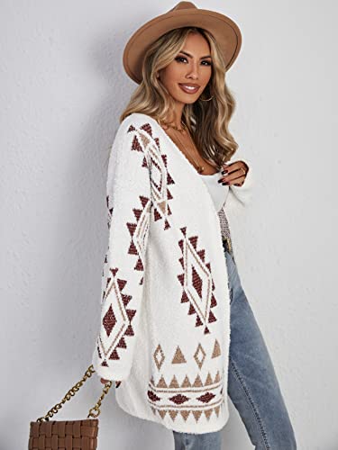 WDIRARA Women's Fuzzy Knit Cardigan Geo Pattern Long Sleeve Drop Shoulder Open Front Sweater4