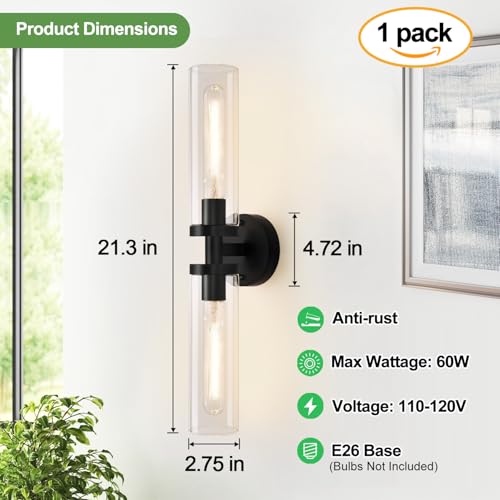 Image of Indoi Matte Black Wall Sconces, Hardwired Bathroom Sconces Wall Lighting with Clear Glass, Modern Sconces Wall Light fixtures for Bathroom Mirror Living Room Hallway Bedroom