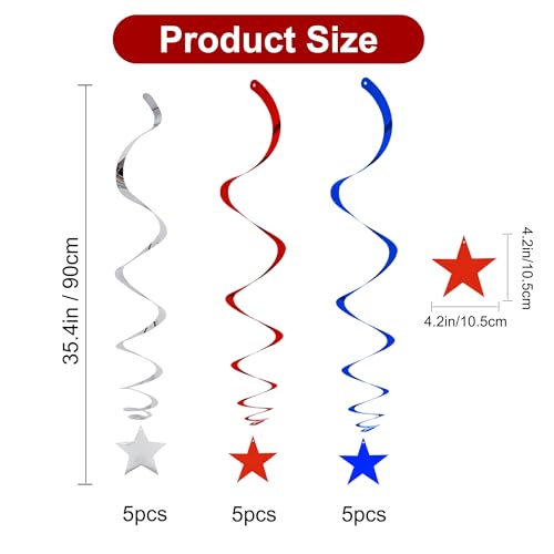 Image of BEISHIDA Red Blue Silver Star Hanging Swirl Decorations,July 4th Hanging Party Supplies for 250th Anniversary Graduation Wedding Baby Shower Birthday Party Decorations,Pack of 15
