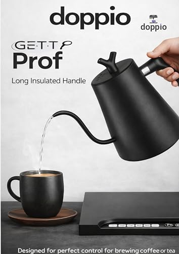 Image of DOPPIO Precision Gooseneck Electric Kettle with Temperature Control Base - 1L Rapid Boil Pour Over Coffee & Tea Maker, 304 Stainless Steel, Matte Black