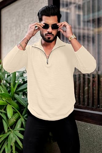 Image of KAJARU Men's Quarter Zip Pullover T-Shirt, Textured Ribbed Long Sleeve, Casual Mock Neck
