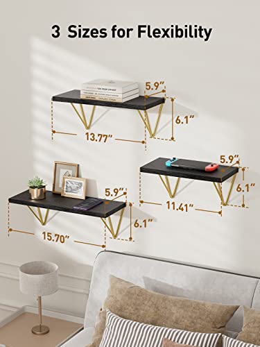 AMADA HOMEFURNISHING Floating Shelves with Triangle Brackets for Wall Decor, Bathroom, Bedroom, Living Room, Kitchen,Black, Set of 3 - AMFS12B