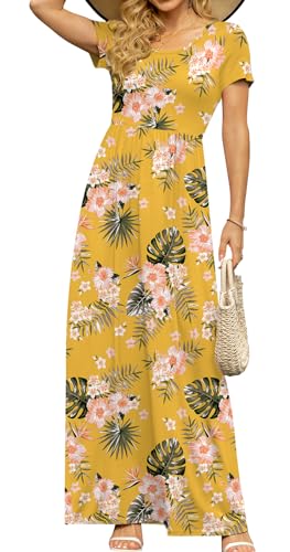 Image of DB MOON Womens 2024 Casual Summer Maxi Dresses Short Sleeve Empire Waist Spring Long Dress with Pockets(Yellow Floral, L), Large