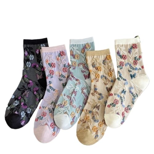 Women's Floral Socks - Vintage Embroidery Mid-Crew Cotton Socks for Spring/Summer Casual Outfits